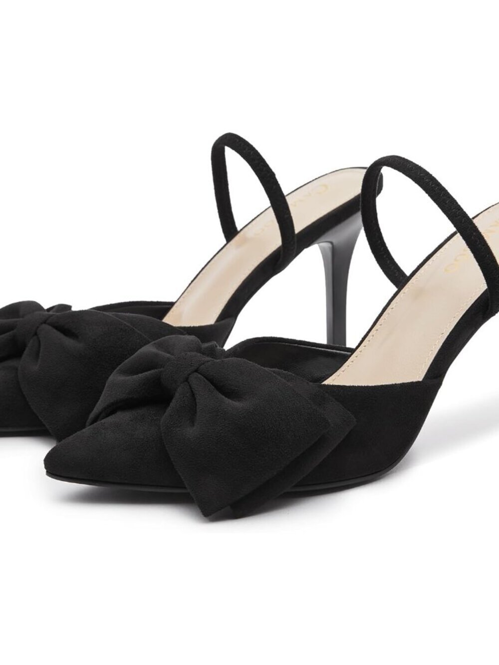 Women's Black Suede Bow Heels Slingback Pumps Suede Closed Pointed Toe Shoes